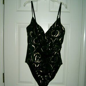 Shape FX Swim 1-Piece Black & Gold Swimsuit, Size 12